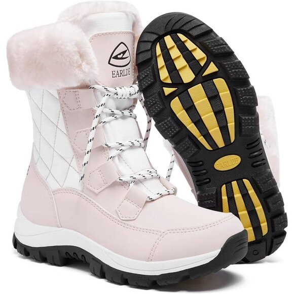Women’s Pink Wheat Strip Waterproof Snow Boots Mid-Calf Faux Fur Lined Non-Slip